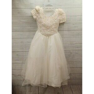 Vtg Alfred Angelo Flower Girl Ivory Lace Beaded Sequins Flare Sz 6